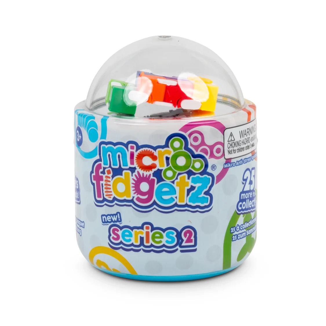 Single Micro Fidgetz Series 2 tub showing clear dome lid with rainbow infinity cube visible inside