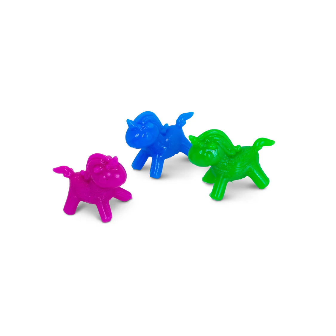 Three micro unicorn fidget figures in pink, blue and green on a white background