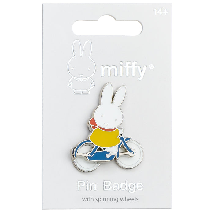 Official Miffy on bicycle enamel pin badge with spinning wheels, on backing card