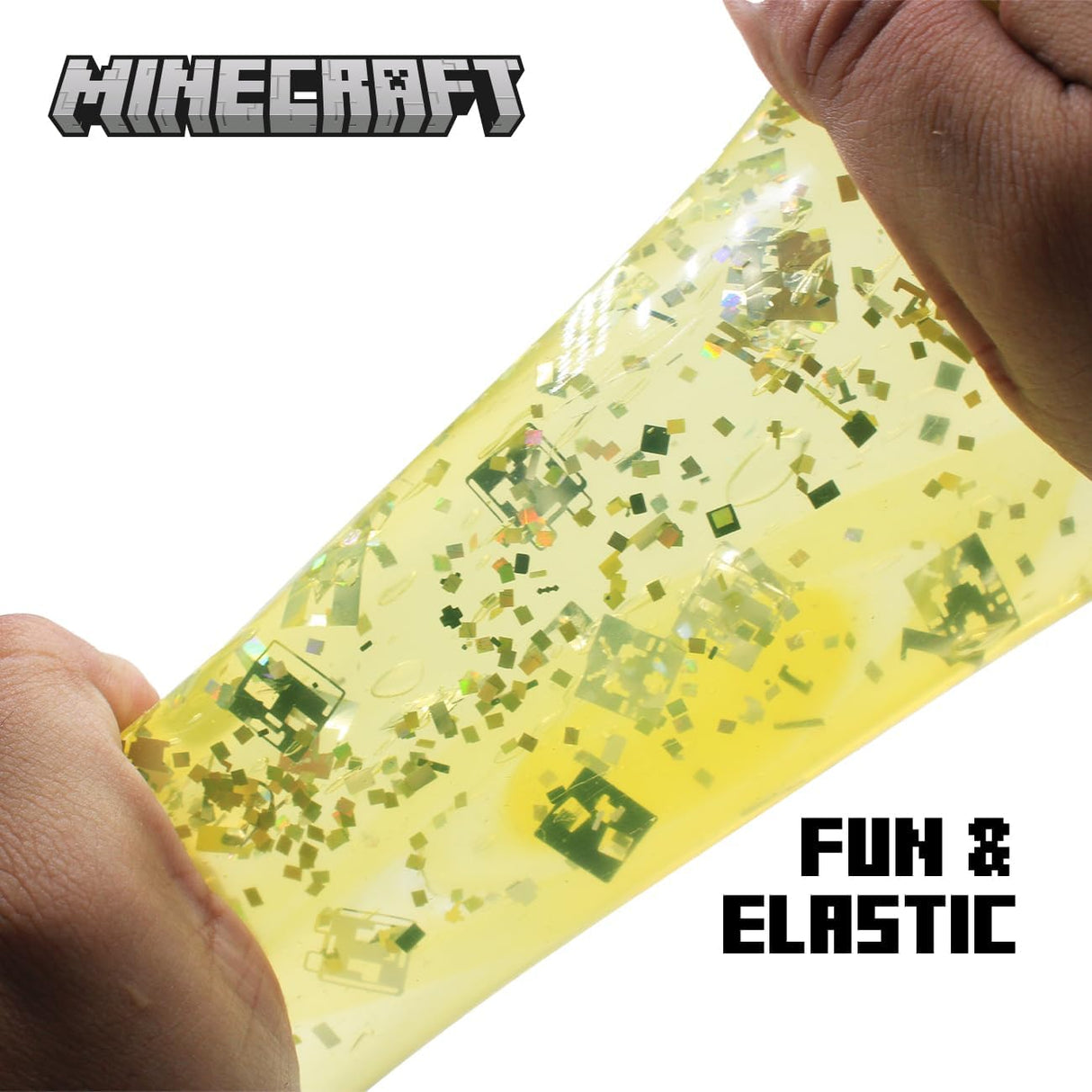 Yellow Minecraft Jelly SquishMe cube stretched, elastic glitter squishy fidget toy
