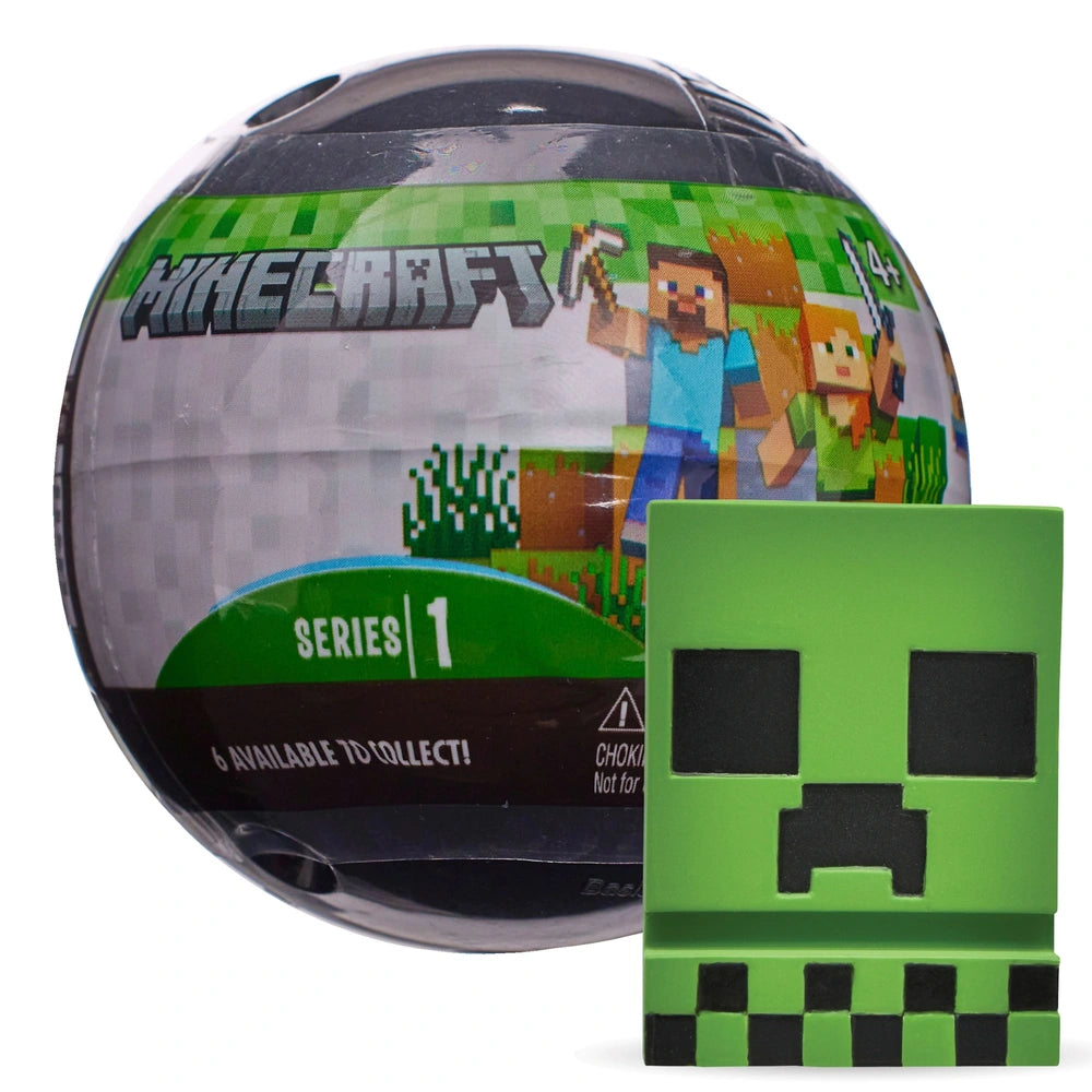 Minecraft collectible figure packaging with a green character on a white background