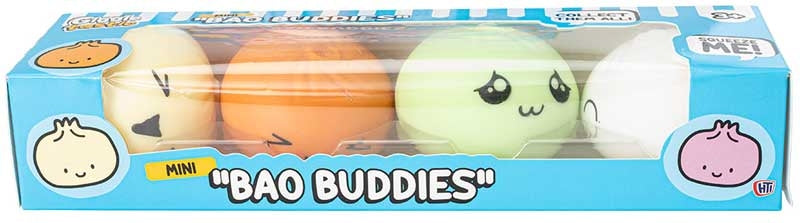 Mini Bao Buddies 4 pack squish toys in cream, orange, green and white in box packaging