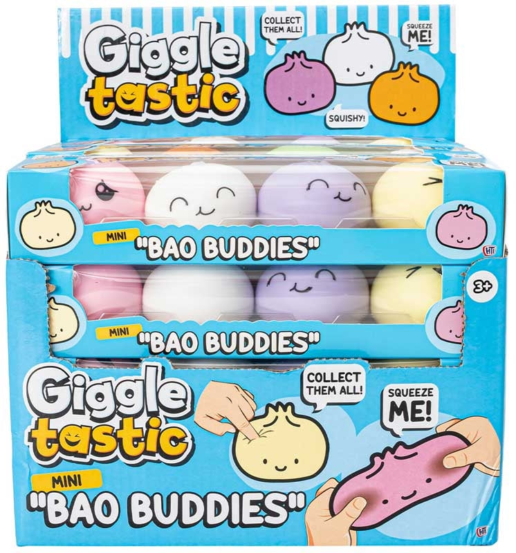 Mini Bao Buddies 4 pack squish toys Giggletastic display box showing both sets