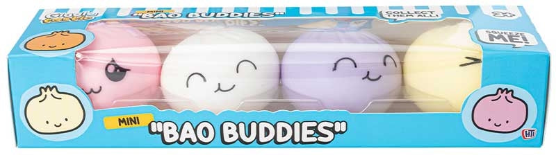 Mini Bao Buddies 4 pack squish toys in pink, white, purple and yellow in box packaging