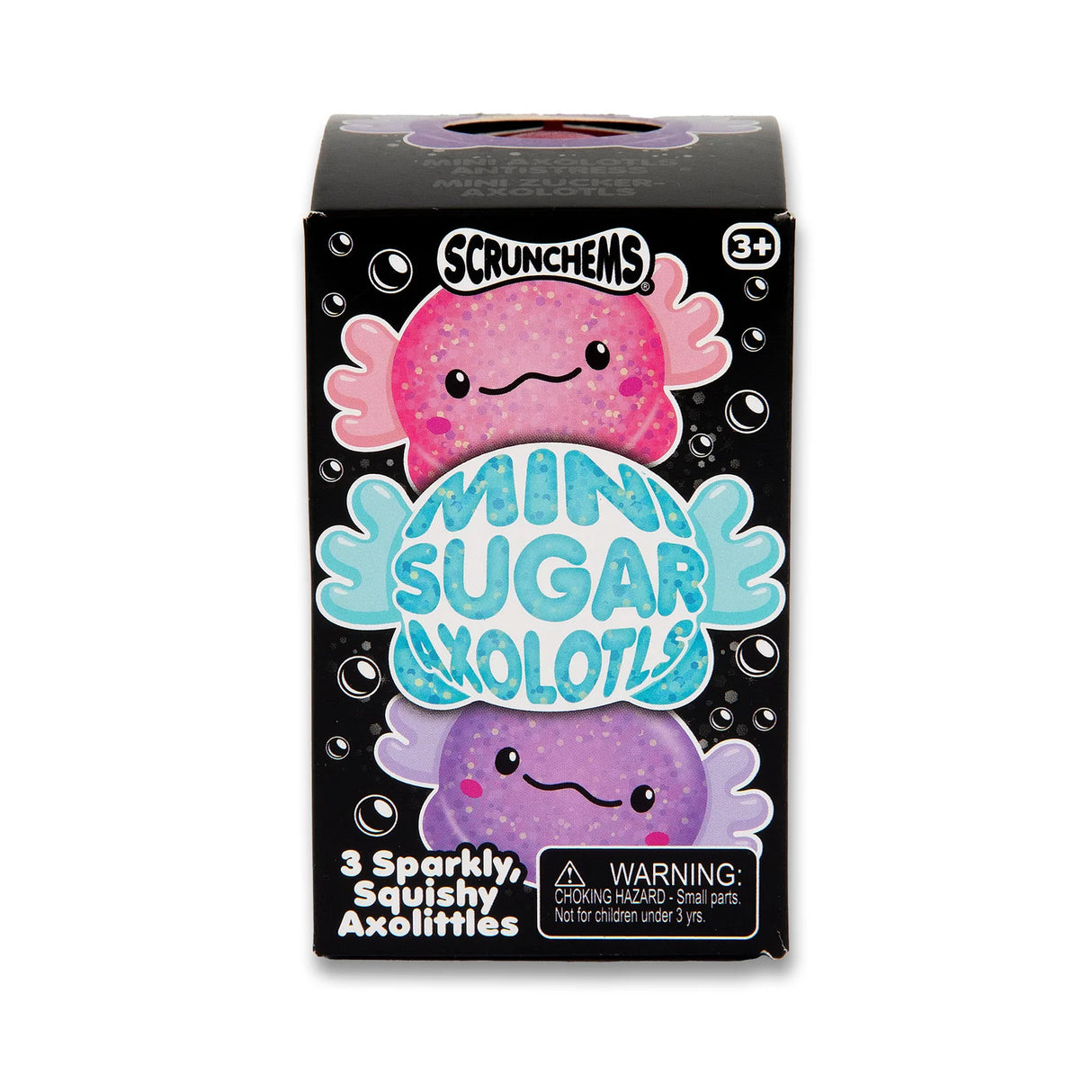 Front of Mini Sugar Axolotls retail box showing product name and pink and purple axolotl characters