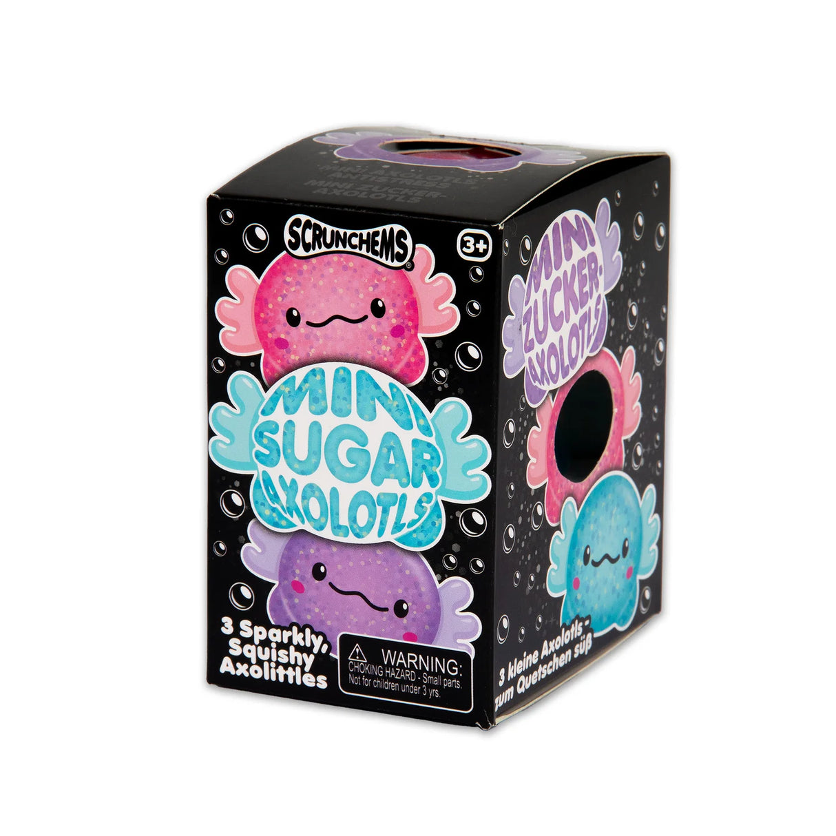 Side angle of Mini Sugar Axolotls retail box with kawaii axolotl artwork on black background