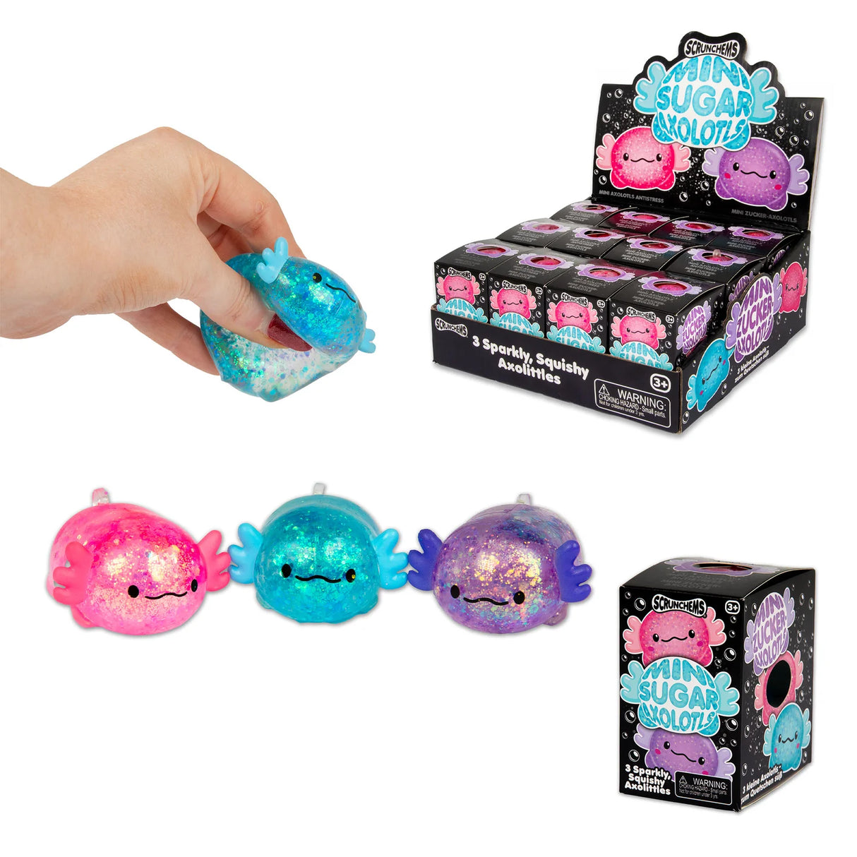 Full display box of Mini Sugar Axolotls alongside loose trio and individual retail packaging