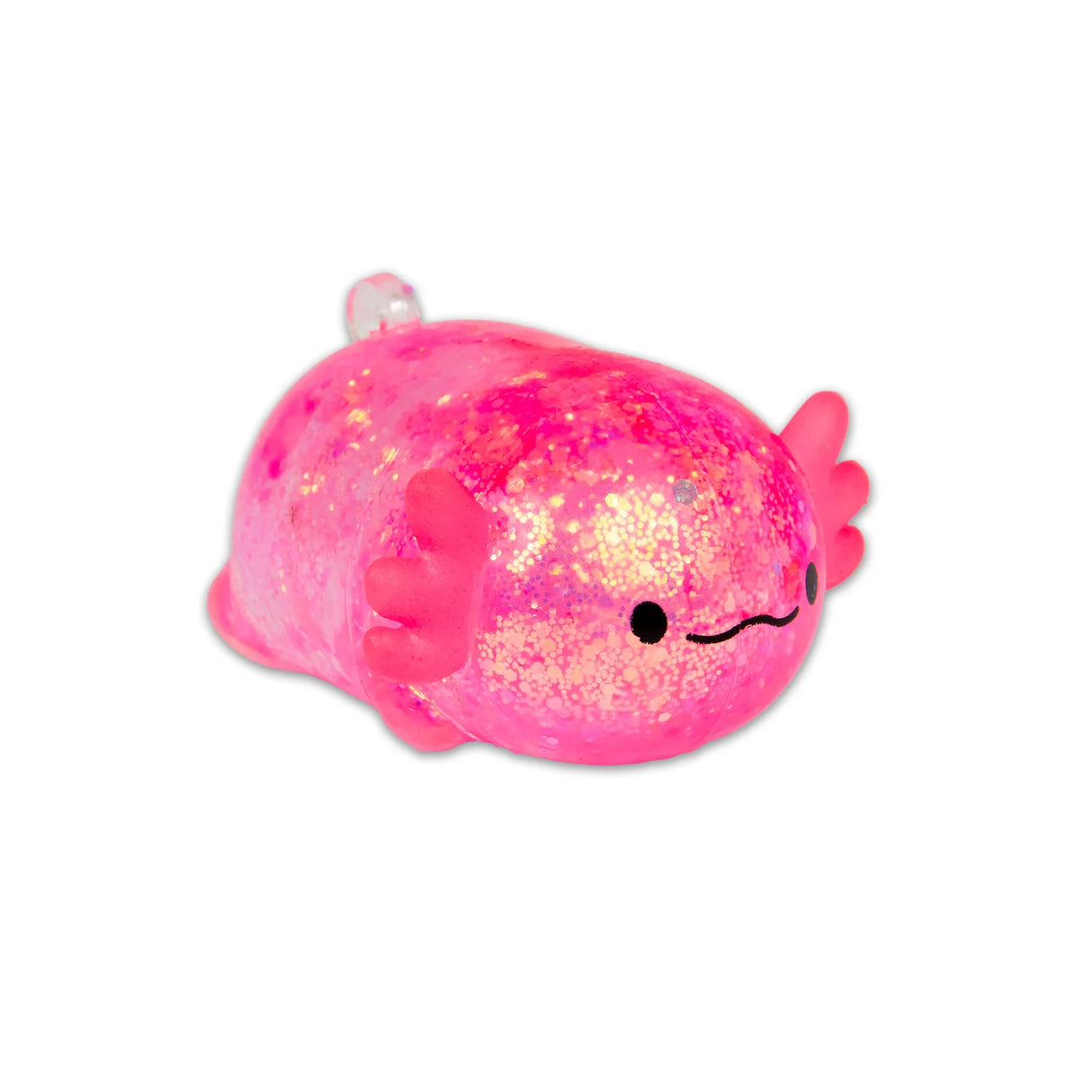Pink glitter axolotl squishy lying on white background showing holographic sparkle finish