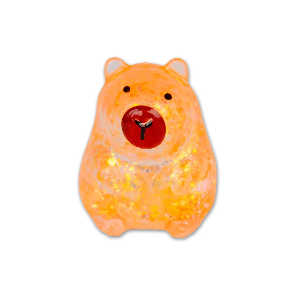 Orange iridescent glitter gel capybara squishy on white background showing warm golden glitter filling