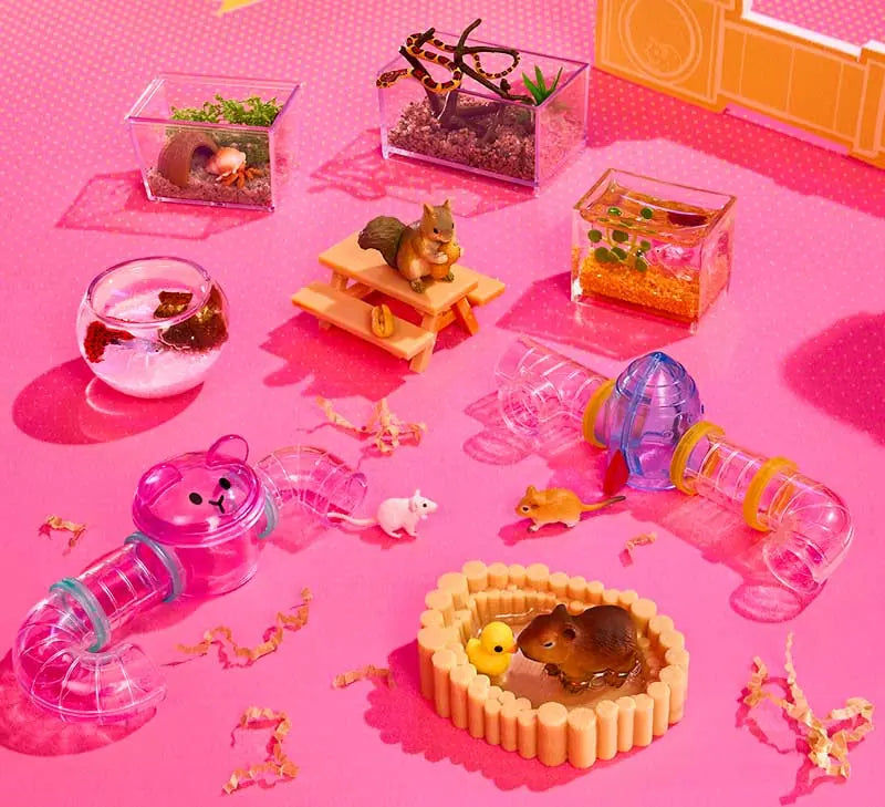 Full spread of MGA Miniverse Make It Mini Animals completed habitats and figures from Series 2