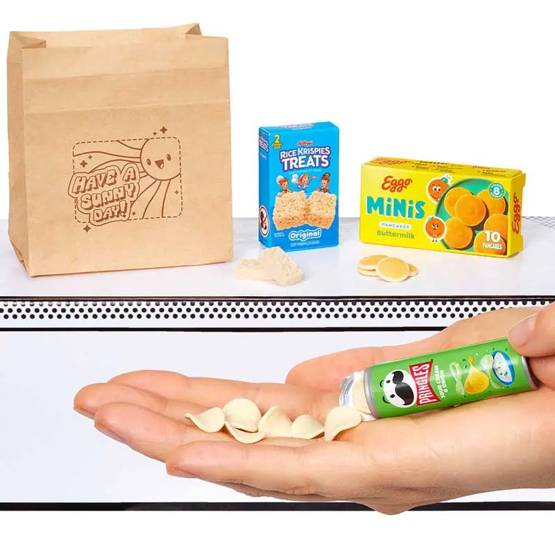 MGA Miniverse Real Brands miniature Rice Krispies, Eggo, and Pringles collectibles with brown bag accessory