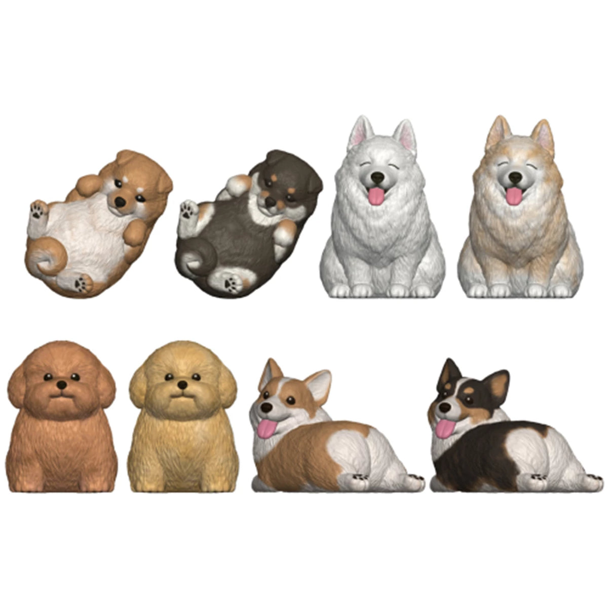 Eight Mocchiri Kororin Dogs squishy soft vinyl figures including Shiba Inu, Samoyed, Poodle and Corgi