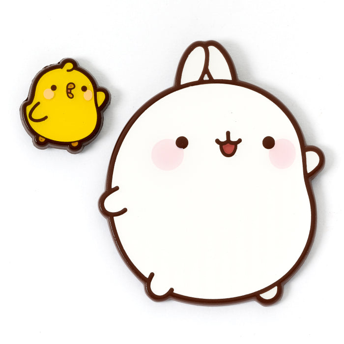 Official Molang and Piu Piu kawaii enamel pin badge set, white background front view