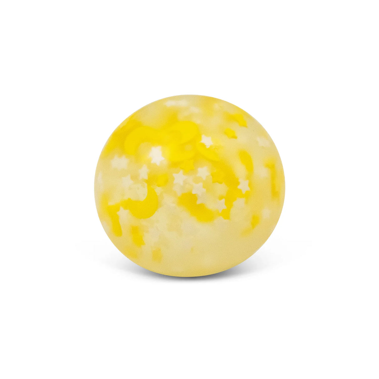 Scrunchems Moons and Stars glow in the dark squish ball showing yellow moon and star pattern on white background