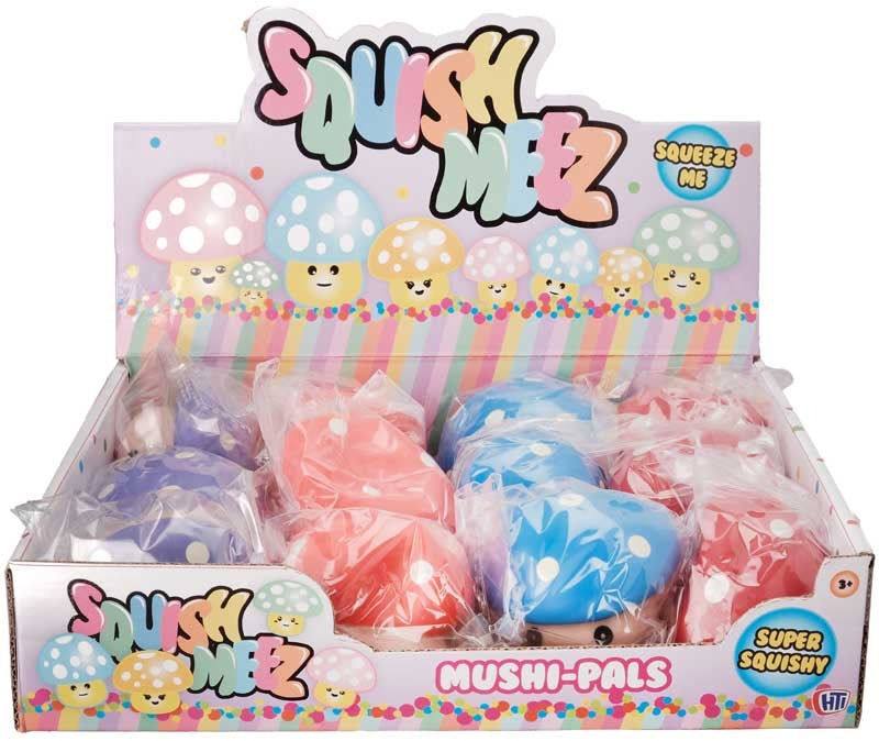 Display box of Squish Meez Mushi-Pals squishy mushroom toys in assorted pastel colours