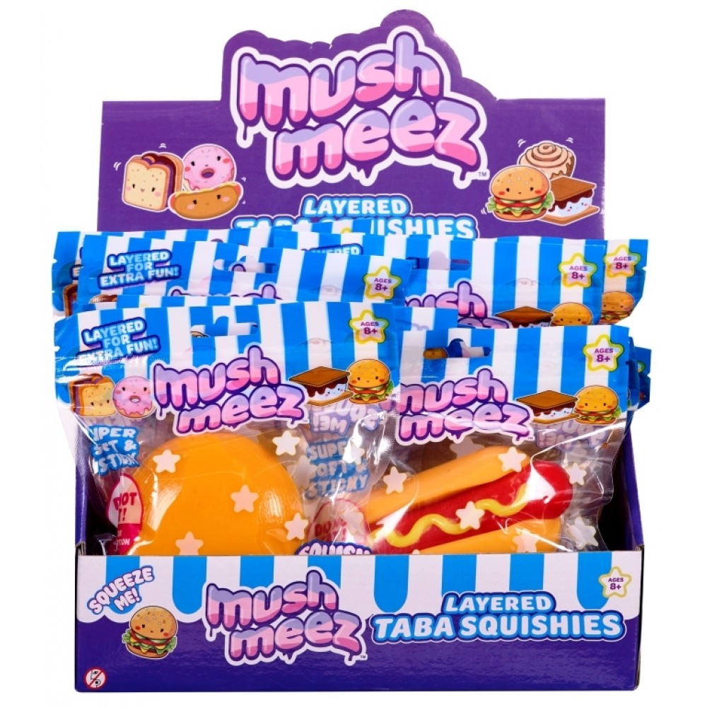 Mushmeez layered taba squishy blind bags in retail display box showing food character designs