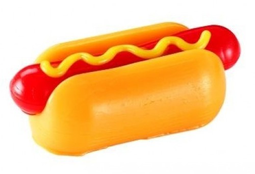 Mushmeez hot dog taba squishy with red sausage, yellow mustard swirl and orange bun layers