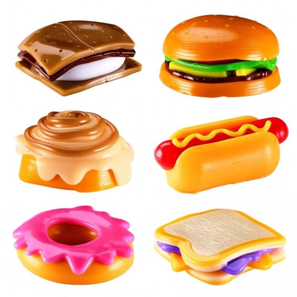 All six Mushmeez food squishy designs — burger, hot dog, donut, s'more, peanut butter sandwich and cinnamon bun