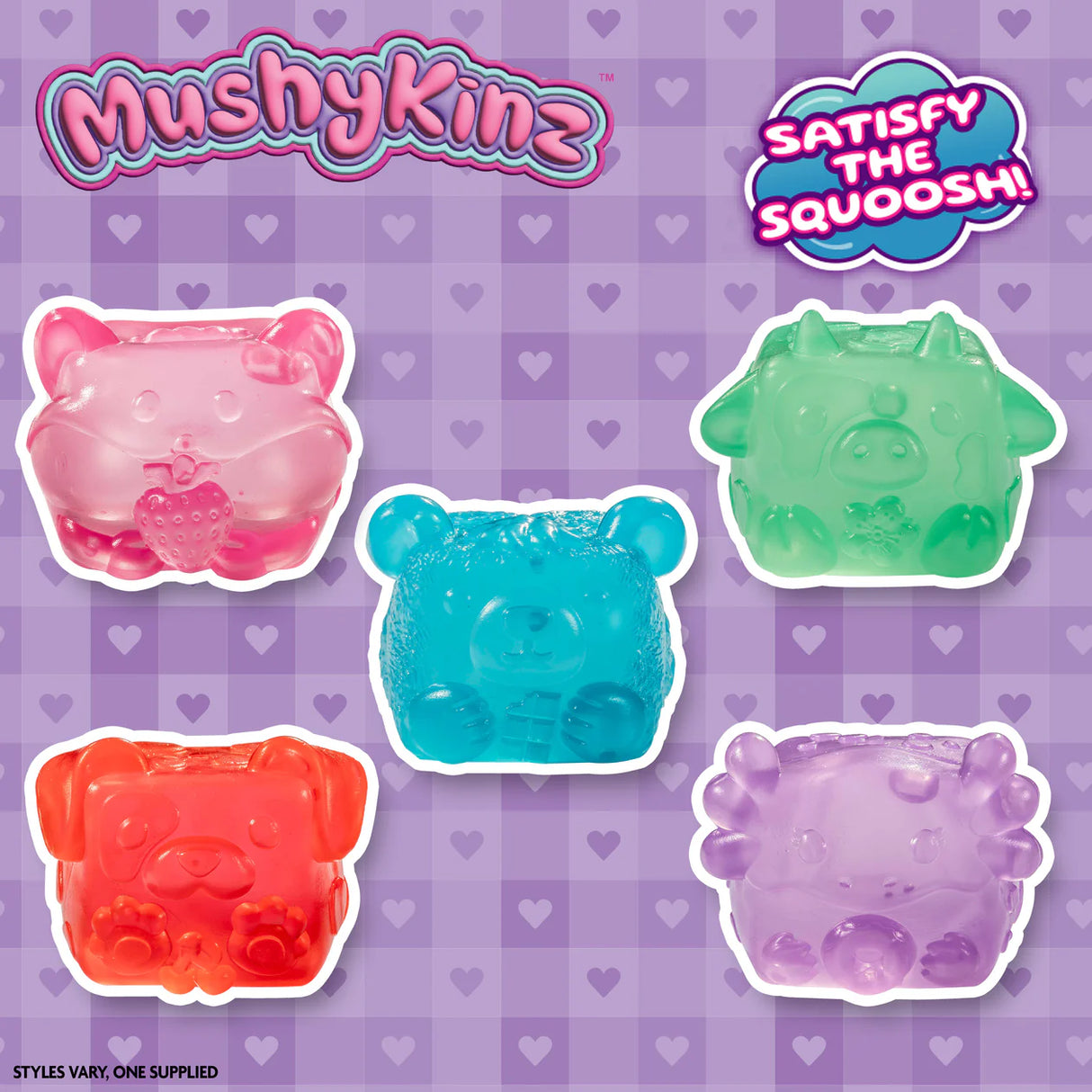 All five MushyKinz Jelleez characters displayed on a purple heart background — dog, hamster, bear, cow and axolotl