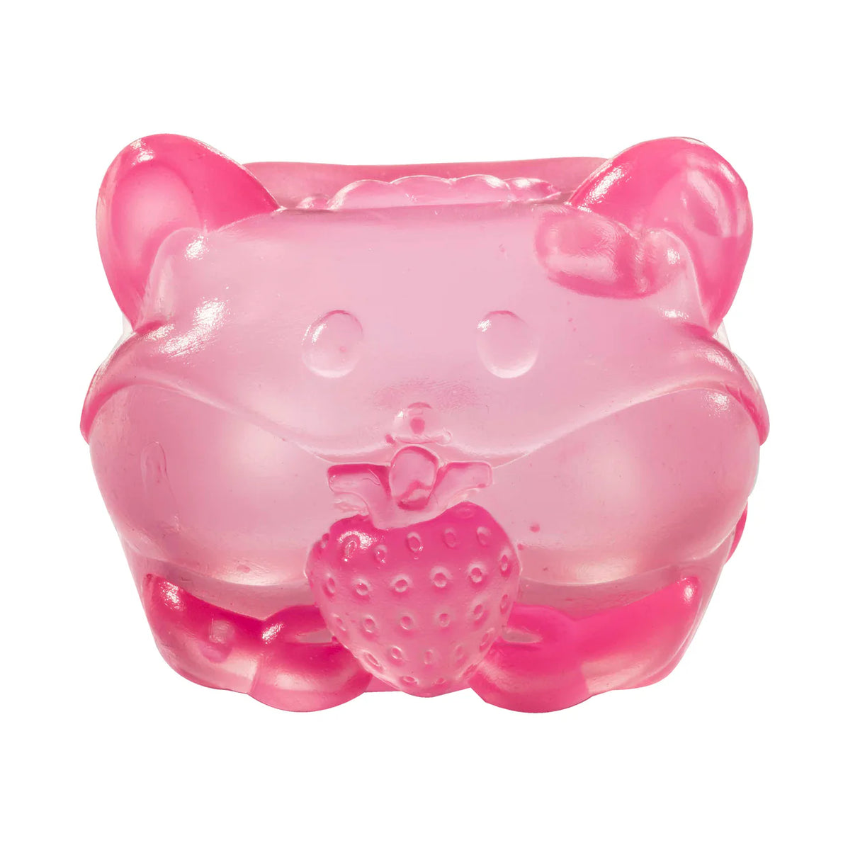 Pink translucent MushyKinz Jelleez hamster squishy holding a strawberry detail