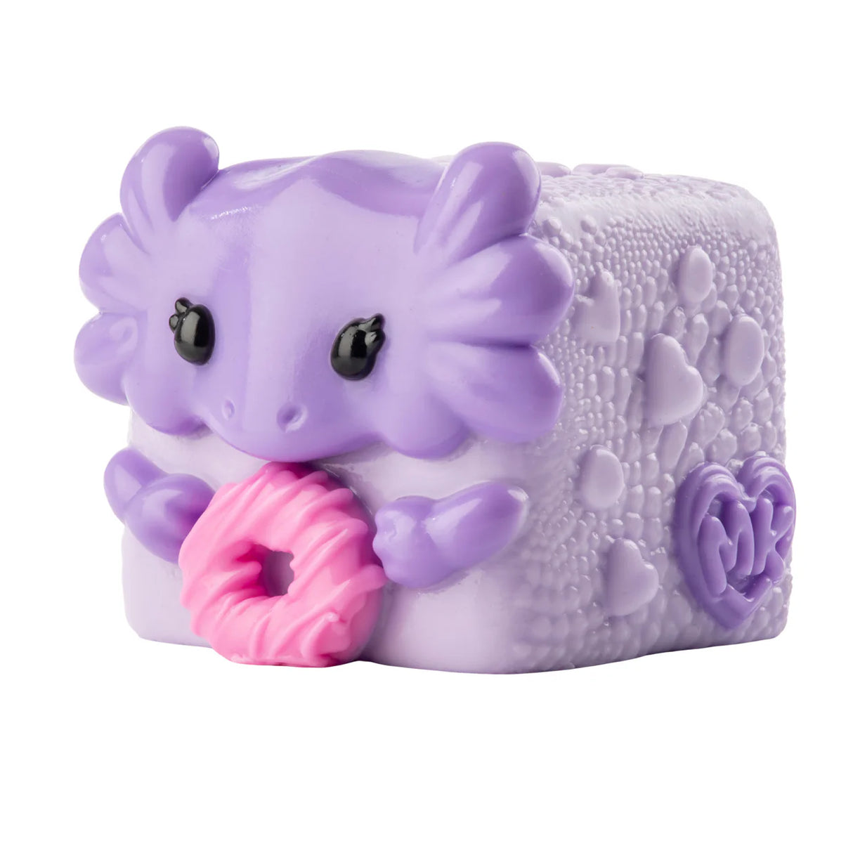 MushyKinz Mochi the Axolotl taba squishy, purple sensory fidget toy holding pink donut