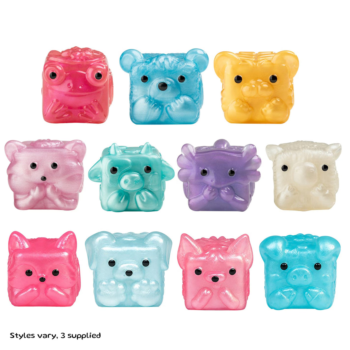 Twelve small translucent animal-shaped blocks or toys arranged in a 3-by-4 grid on a white background, with a note at bottom left reading 'Styles vary. 3 supplied.