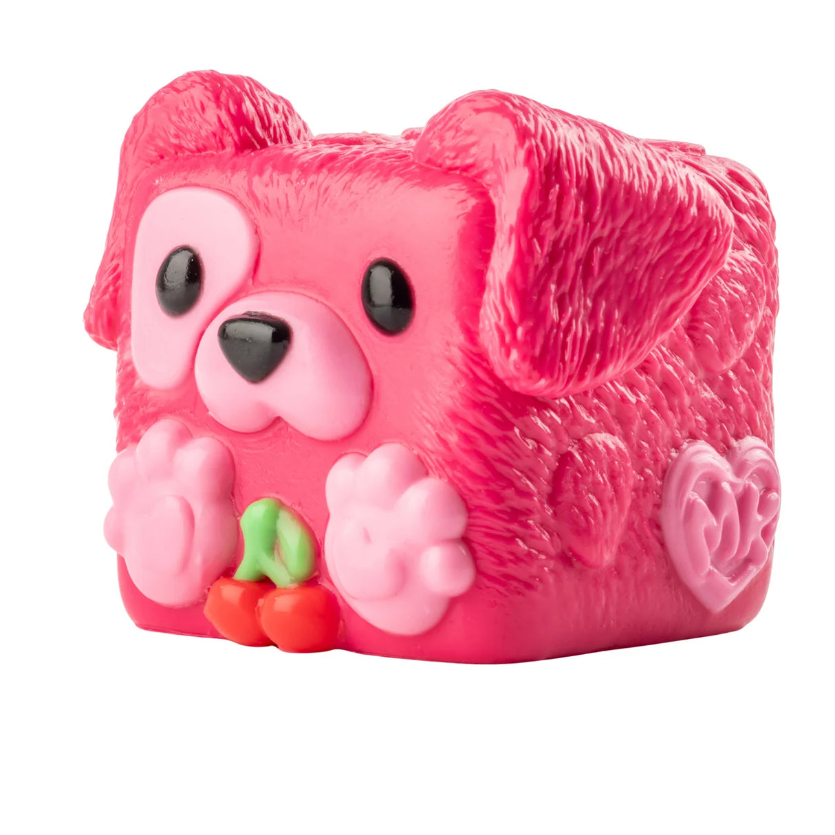 MushyKinz Shirley the Dog taba squishy, pink sensory fidget toy holding cherries