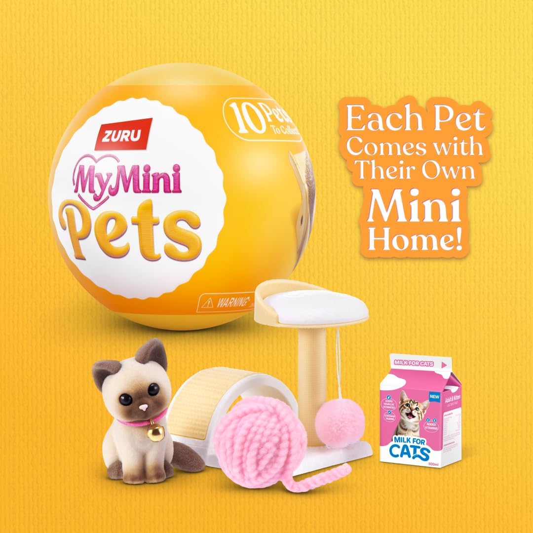 My Mini Pets capsule with flocked Siamese cat, scratching post, yarn ball and milk carton