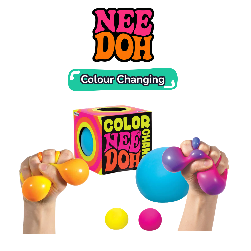 Two hands squeezing Nee Doh Colour Change balls showing colour shift from blue to pink-purple and yellow to orange, with packaging behind