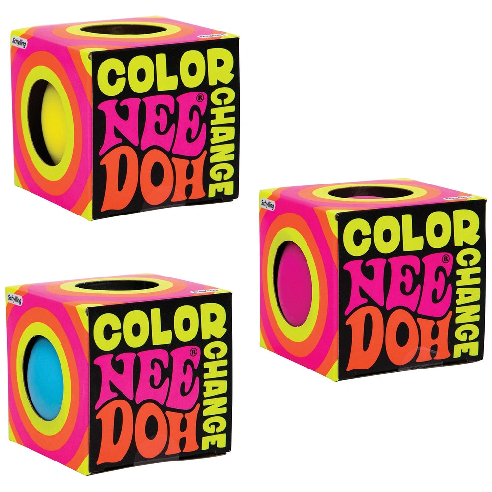 Three Nee Doh Colour Change gift boxes showing blue, pink and yellow colour variants