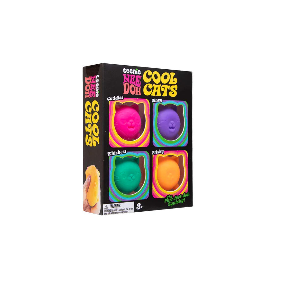 Side angle of the Nee Doh Teenie Cool Cats 4-pack black gift box showing all four named cats