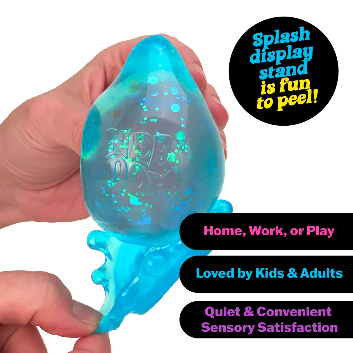 Blue Nee Doh Dream Drop held in a hand showing peelable splash display stand and glitter fill