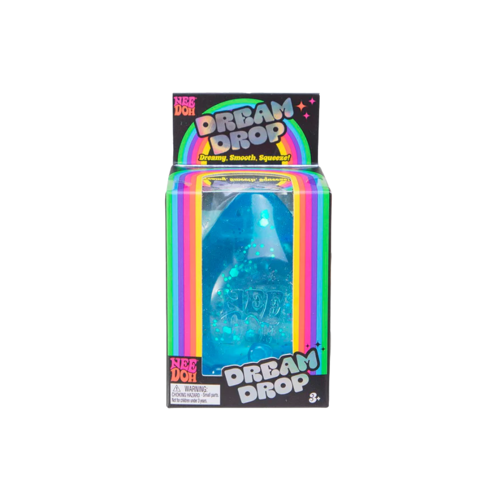 Blue Nee Doh Dream Drop glitter squishy displayed in its rainbow striped retail box