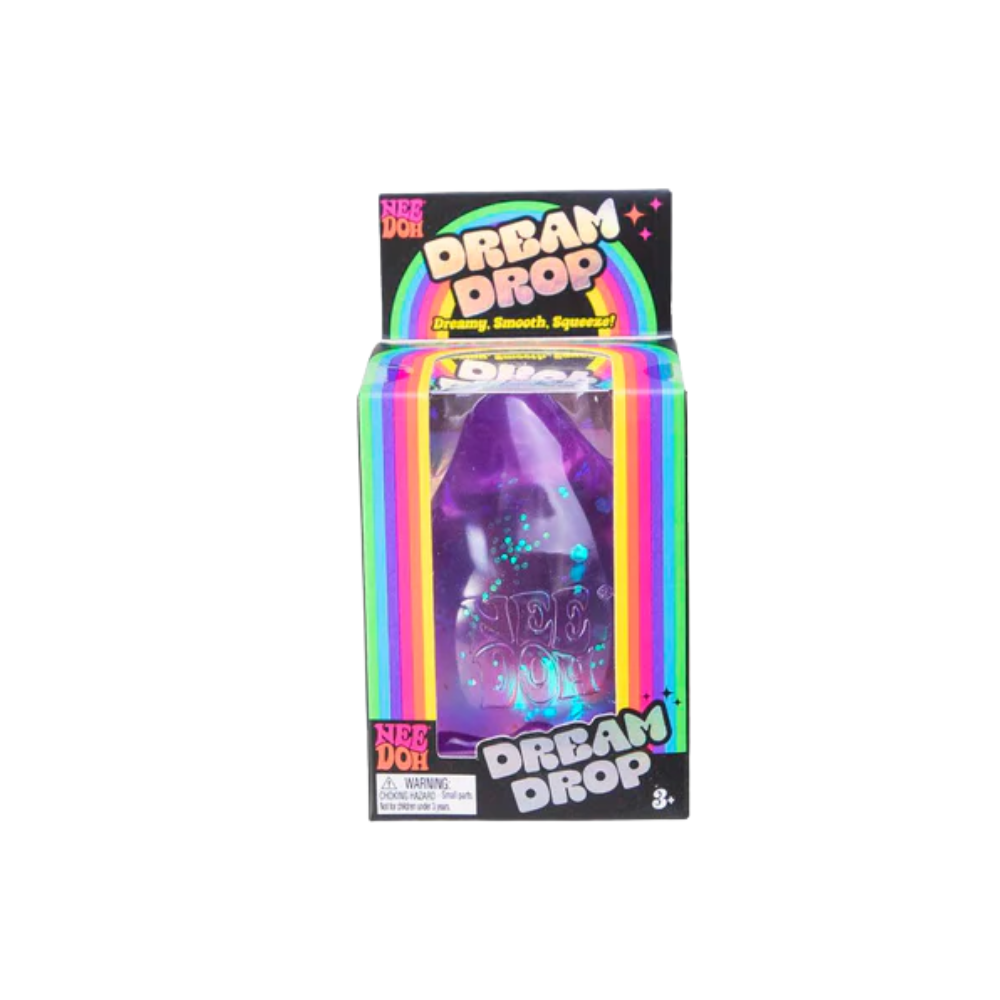 Purple Nee Doh Dream Drop glitter squishy displayed in its rainbow striped retail box