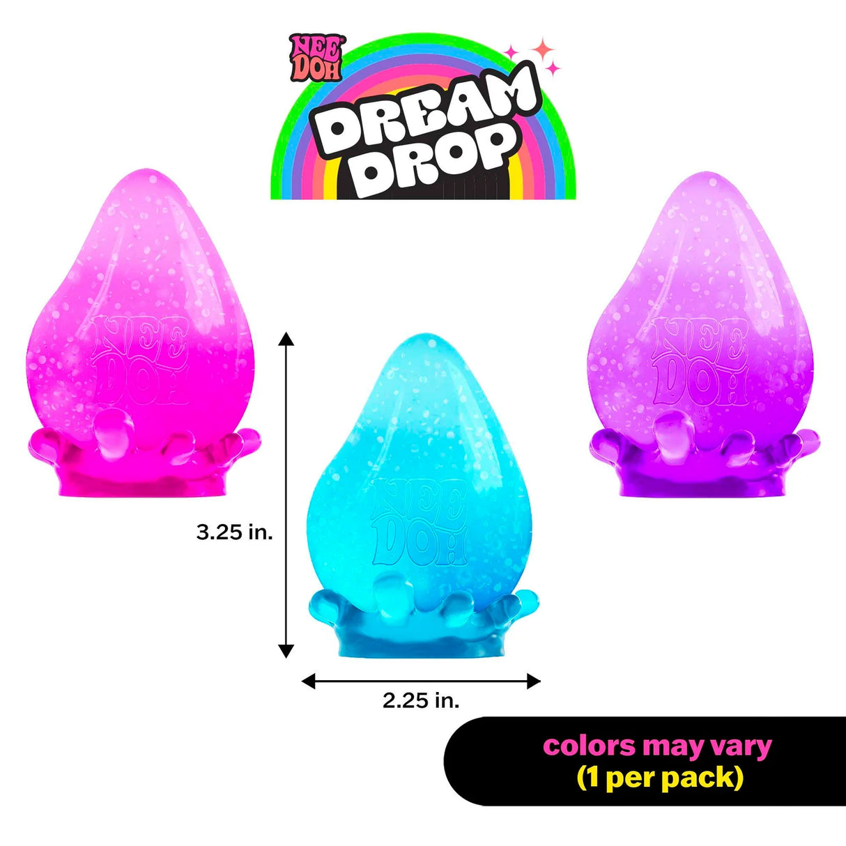 Three Nee Doh Dream Drop squishies in pink, blue and purple with size dimensions shown
