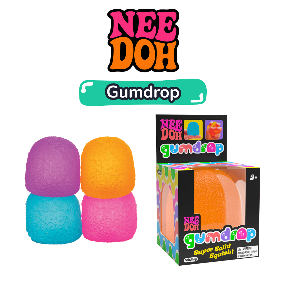 Nee Doh Gumdrop brand image showing four colours stacked alongside the orange Gumdrop in its retail box