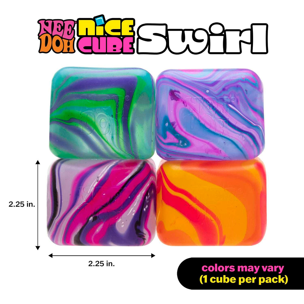 Four Nee Doh Nice Cube Swirl cubes in teal-green, blue-purple, pink-black and orange-red with size dimensions