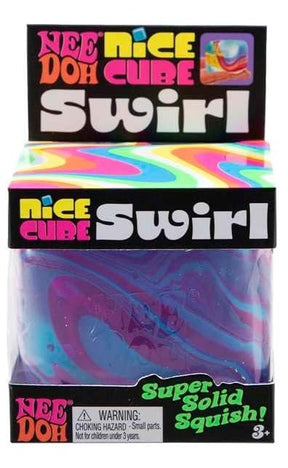 Purple and blue swirl Nee Doh Nice Cube Swirl in its retail box