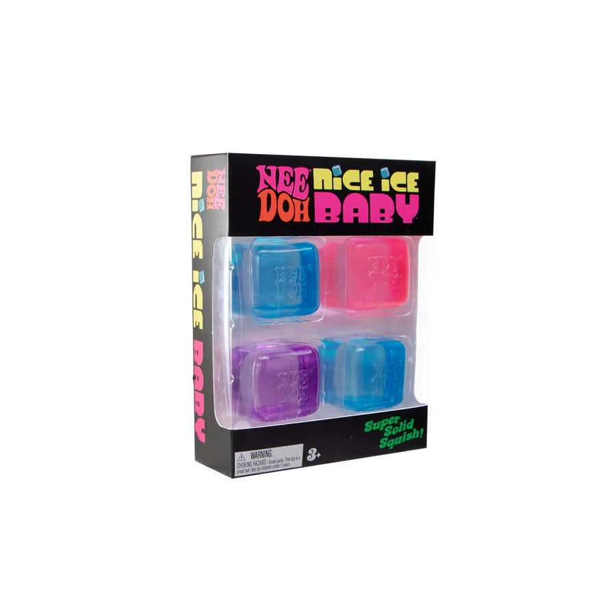 Side angle of the Nee Doh Nice Ice Baby 4-pack box showing all four translucent squishy cubes