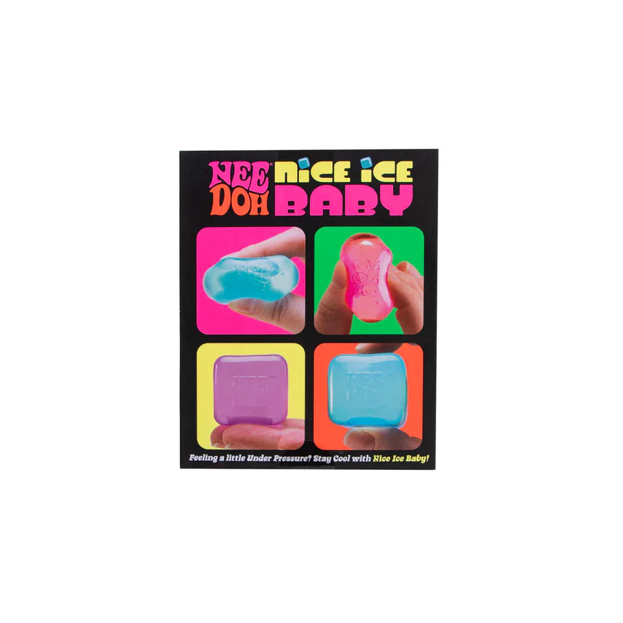 Back of the Nee Doh Nice Ice Baby box showing each cube being squeezed and handled