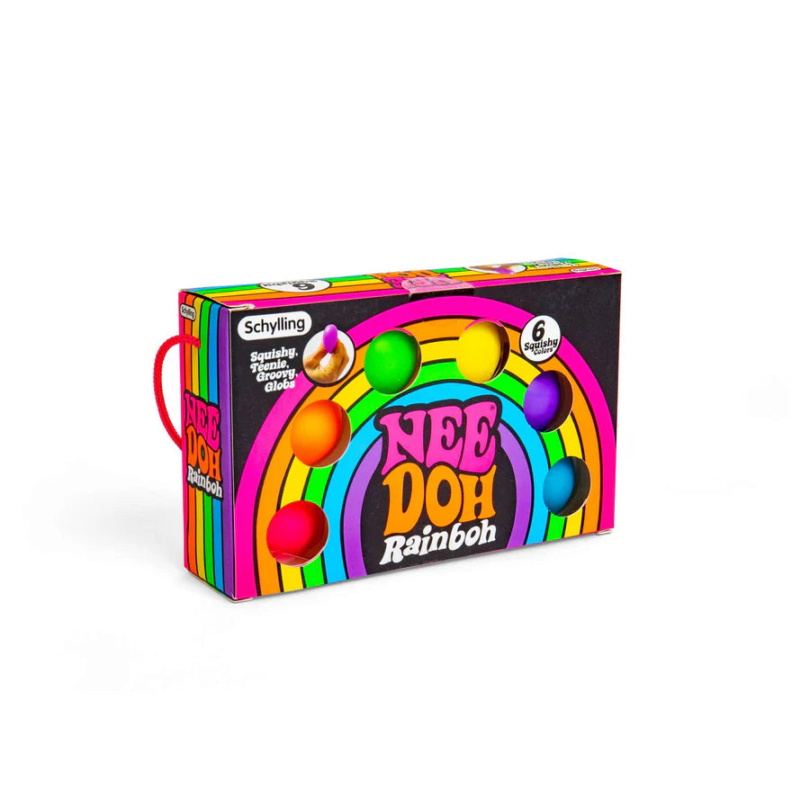 Front of the Nee Doh Rainbow Teenie gift box with retro rainbow design and carry handle