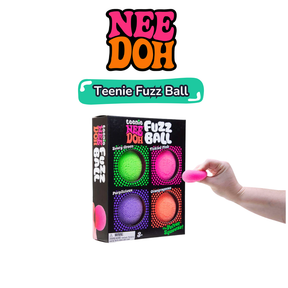 Nee Doh Teenie Fuzz Ball packaging with a hand holding a pink fuzz ball on a white background