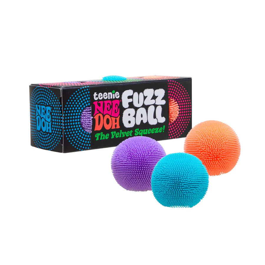 Teenie Nee Doh Fuzz Ball gift box displayed with all three fuzz balls in front