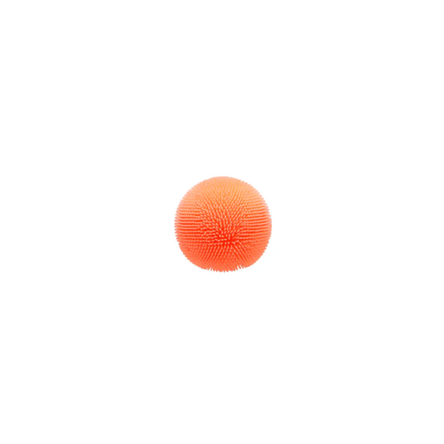 Single orange Nee Doh Teenie Fuzz Ball showing full velvety spiky texture