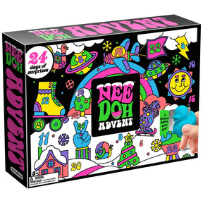 Front of NeeDoh Advent Calendar box with hand holding a blue mini duck squishy toy