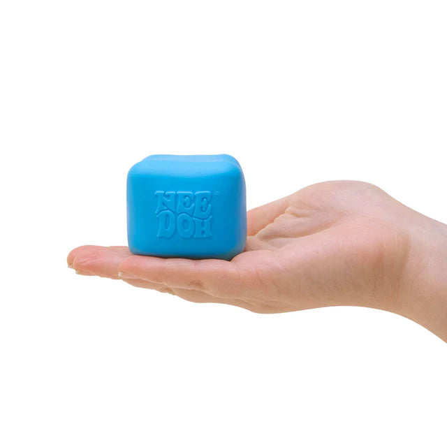 Blue NeeDoh Colour Change Cube held in hand, fidget sensory toy