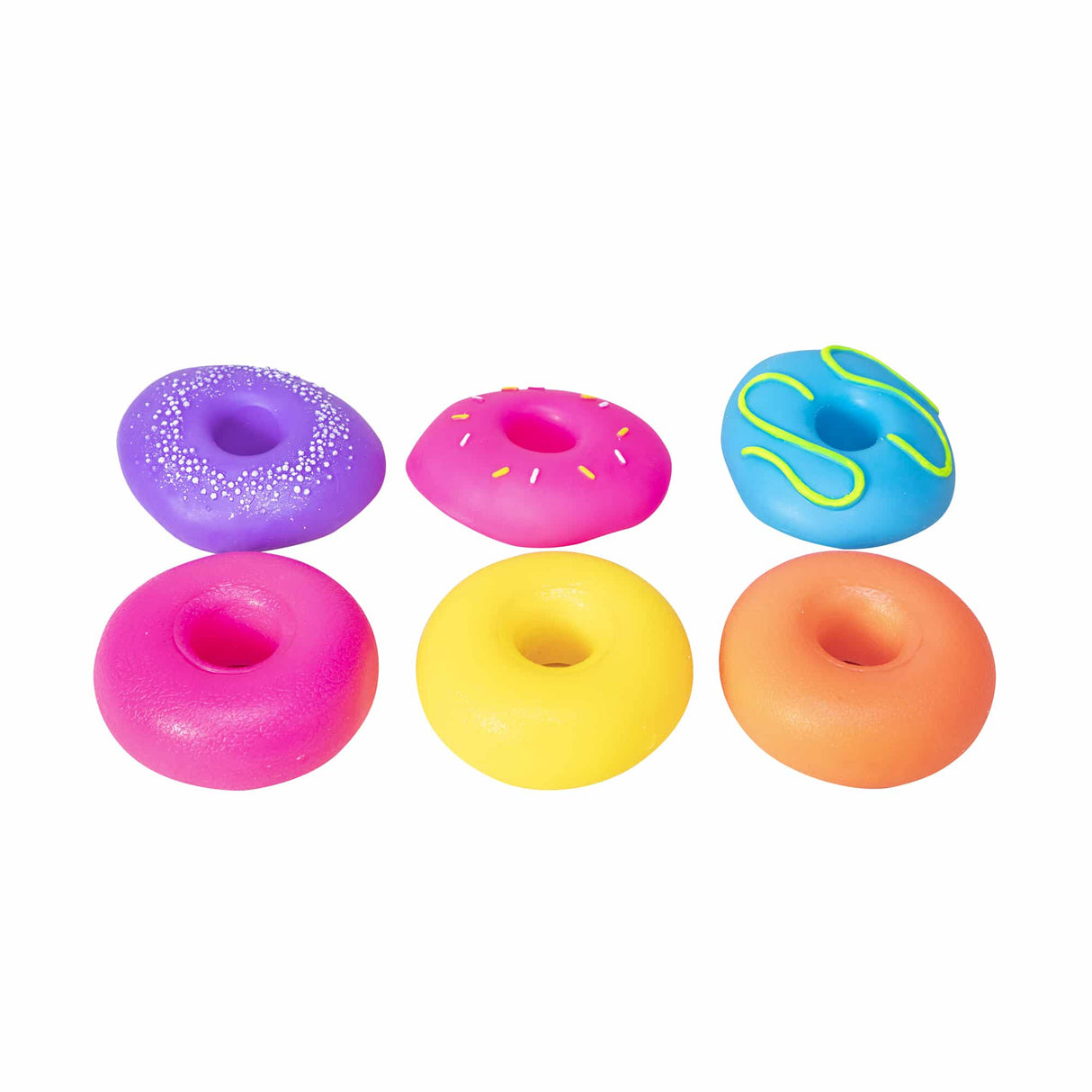 Six NeeDoh Dohnuts showing top frosting and plain base sides in pink, purple, blue, yellow and orange
