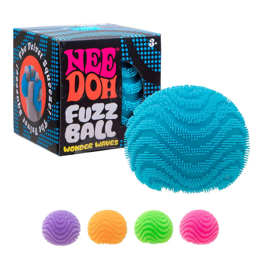 Blue NeeDoh Fuzz Ball Wonder Waves next to its branded box with four additional colour variants below