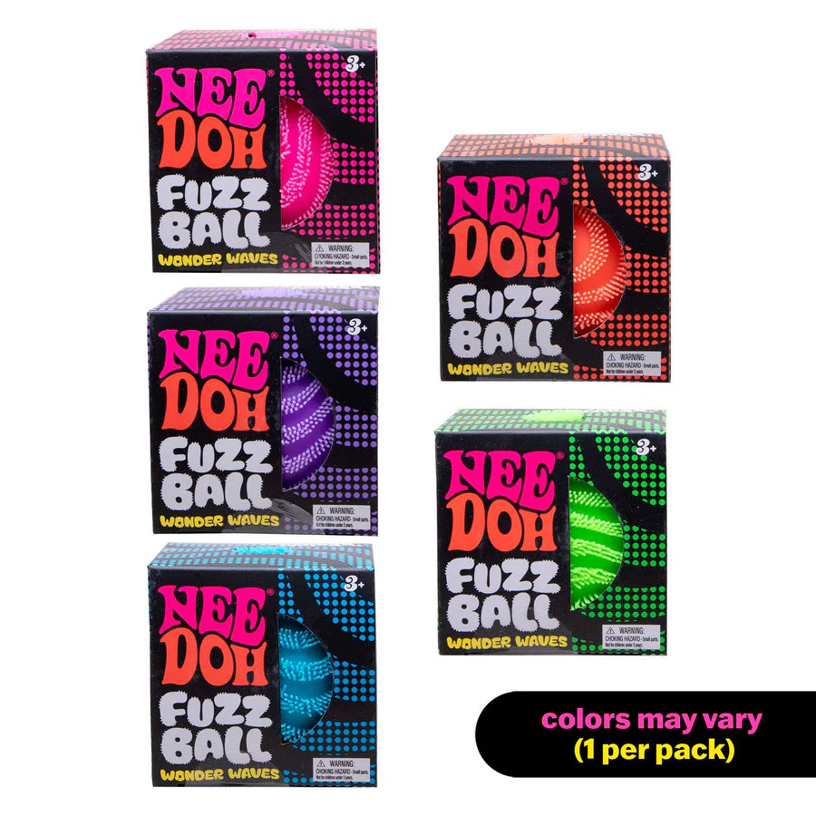 Five NeeDoh Fuzz Ball Wonder Waves boxes showing blue, pink, purple, orange and green colour variants