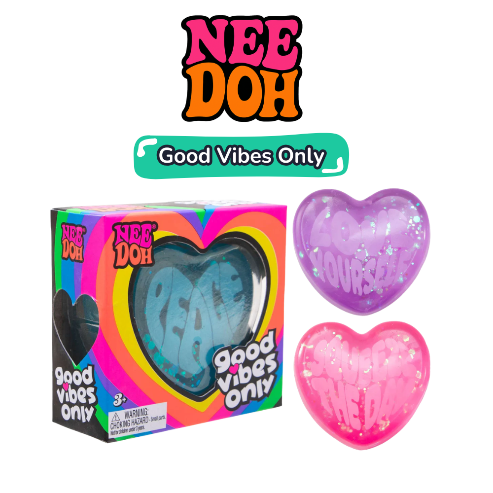 Nee Doh Good Vibes Only product overview showing blue Peace heart in retail box alongside purple Love Yourself and pink Squeeze the Day hearts